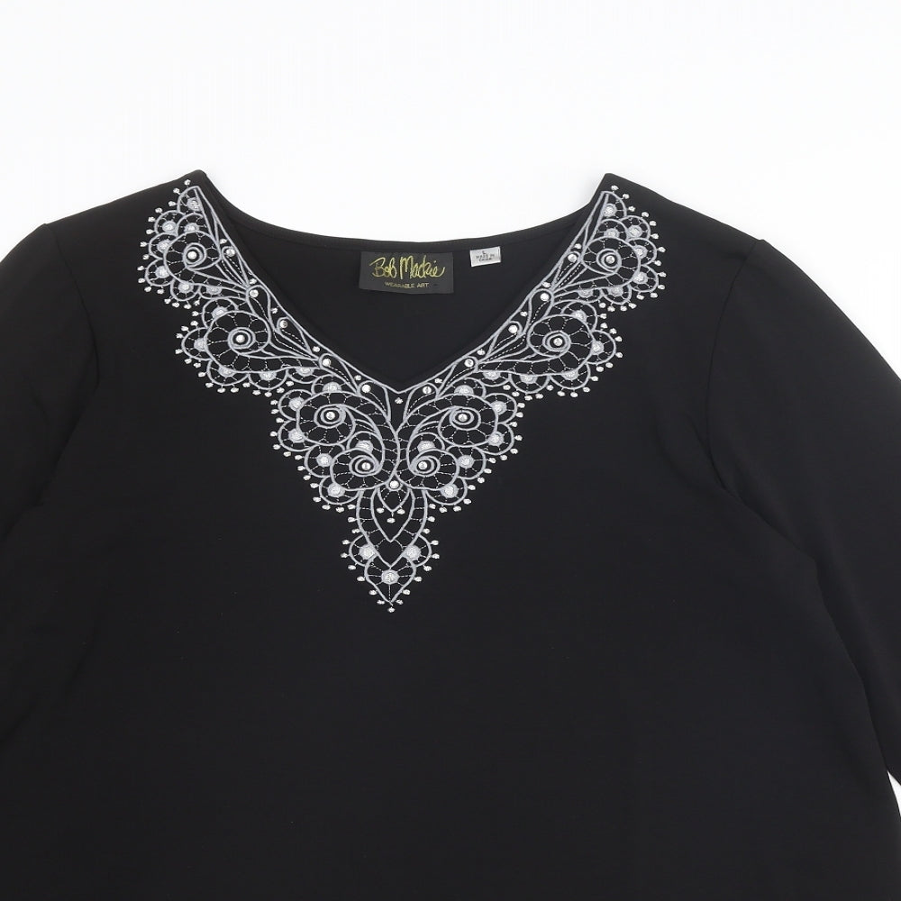 Bob Mackie Womens Black Polyester Basic T-Shirt Size L V-Neck - Neckline Detail