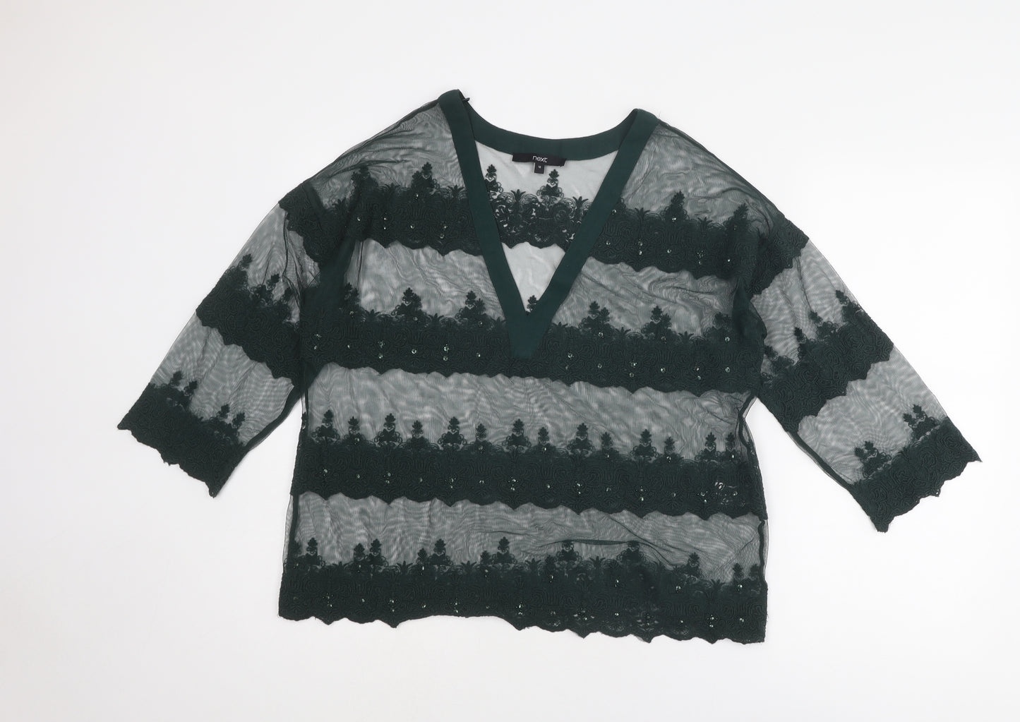 NEXT Womens Green Polyester Basic Blouse Size 12 V-Neck - Crocheted Lace Detail
