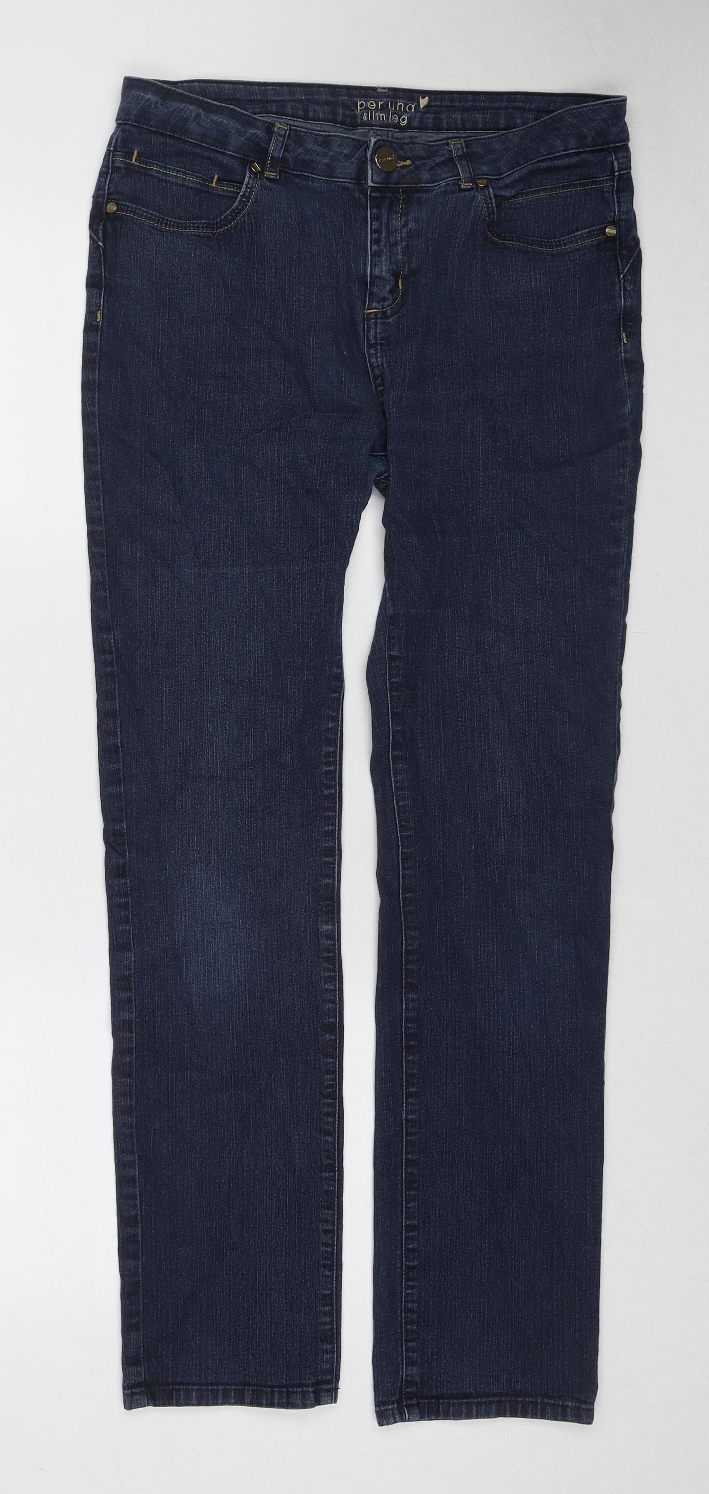 Per Una Womens Blue Cotton Straight Jeans Size 12 L29 in Slim Zip