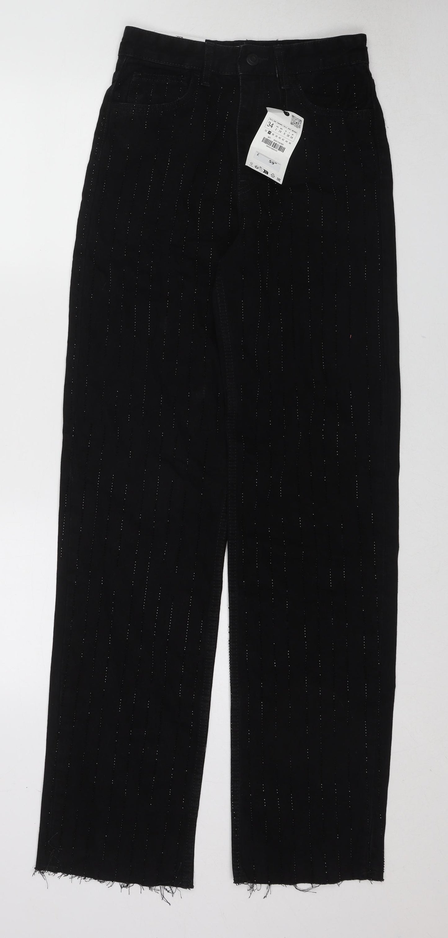 Zara Womens Black Cotton Straight Jeans Size 6 L34 in Regular Zip - Embellished