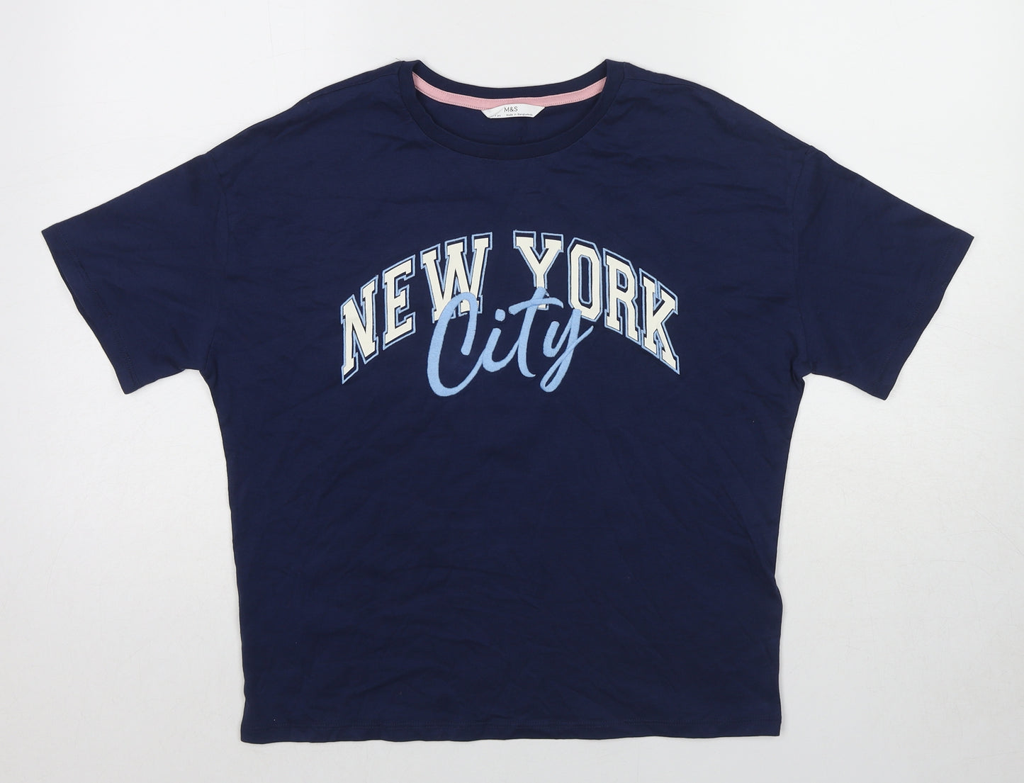 Marks and Spencer Boys Blue Cotton Basic T-Shirt Size 12-13 Years Round Neck Pullover - New York City