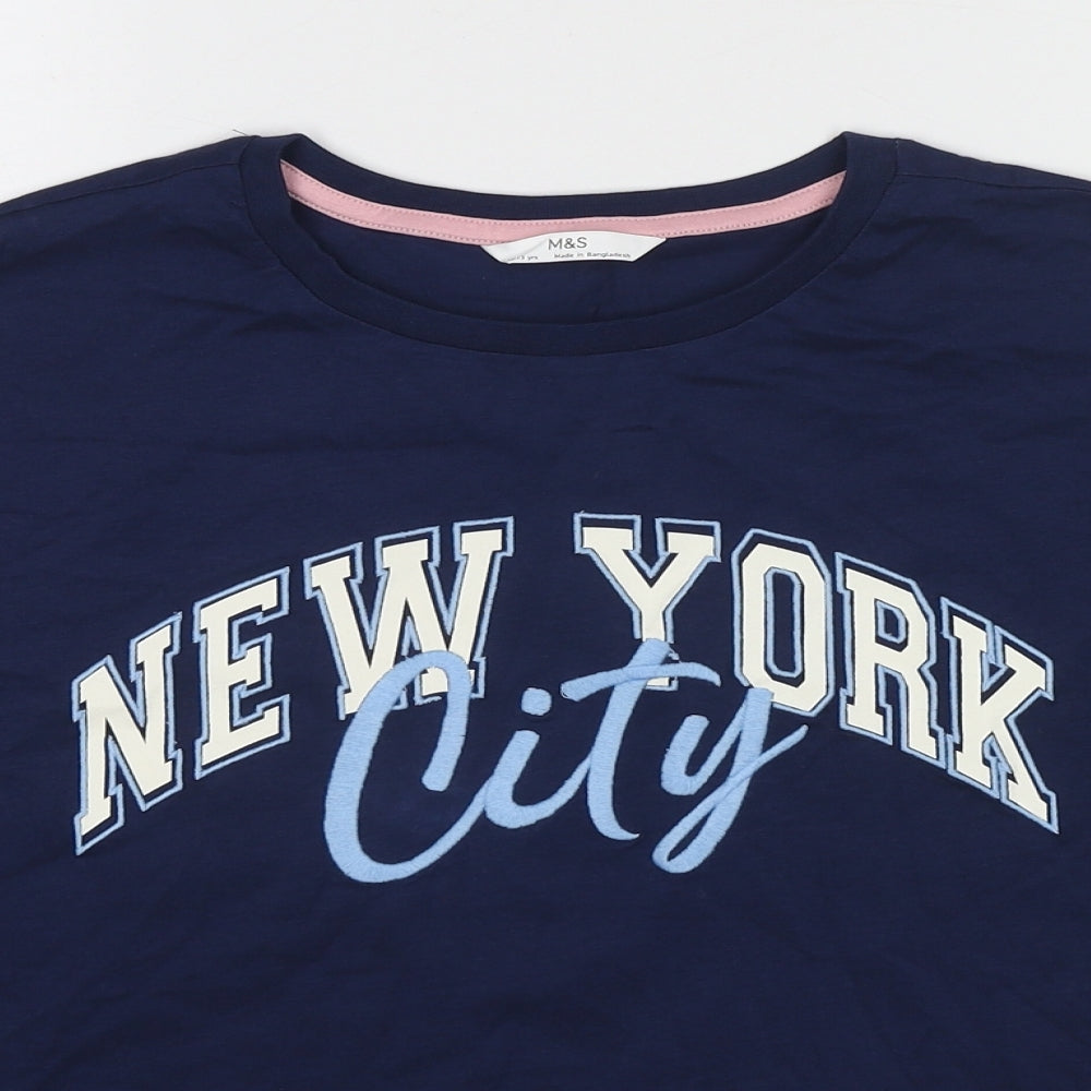 Marks and Spencer Boys Blue Cotton Basic T-Shirt Size 12-13 Years Round Neck Pullover - New York City