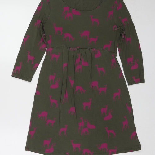 Boden Womens Green Geometric Viscose A-Line Size 10 Boat Neck Pullover - Deer Print