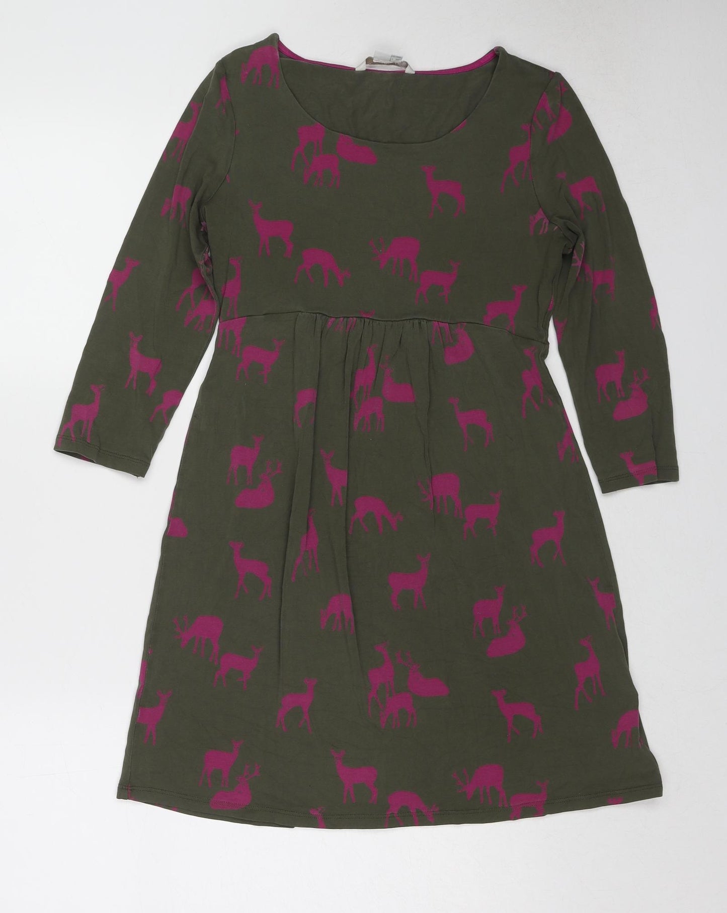 Boden Womens Green Geometric Viscose A-Line Size 10 Boat Neck Pullover - Deer Print