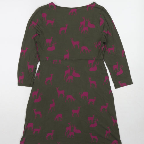 Boden Womens Green Geometric Viscose A-Line Size 10 Boat Neck Pullover - Deer Print