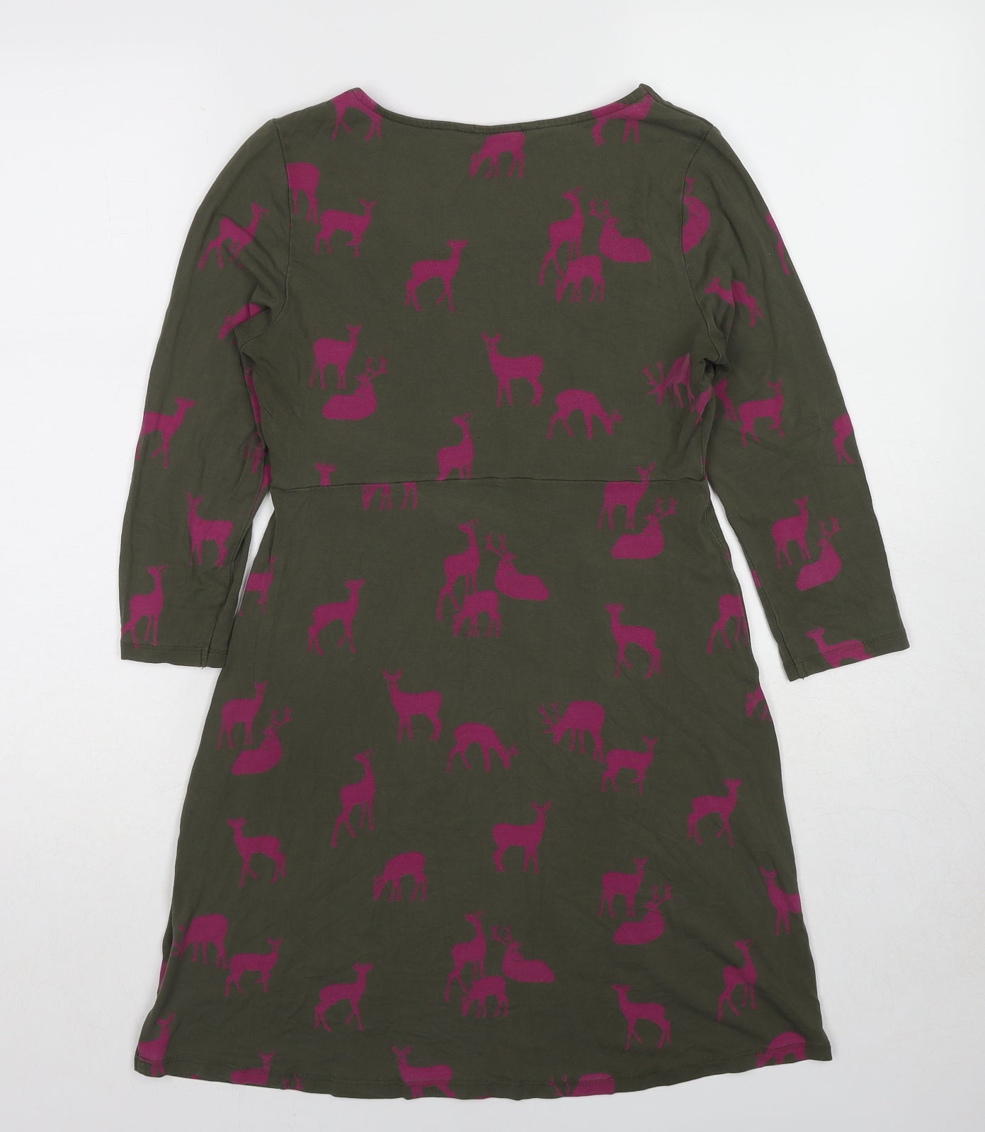 Boden Womens Green Geometric Viscose A-Line Size 10 Boat Neck Pullover - Deer Print