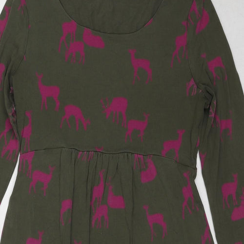 Boden Womens Green Geometric Viscose A-Line Size 10 Boat Neck Pullover - Deer Print
