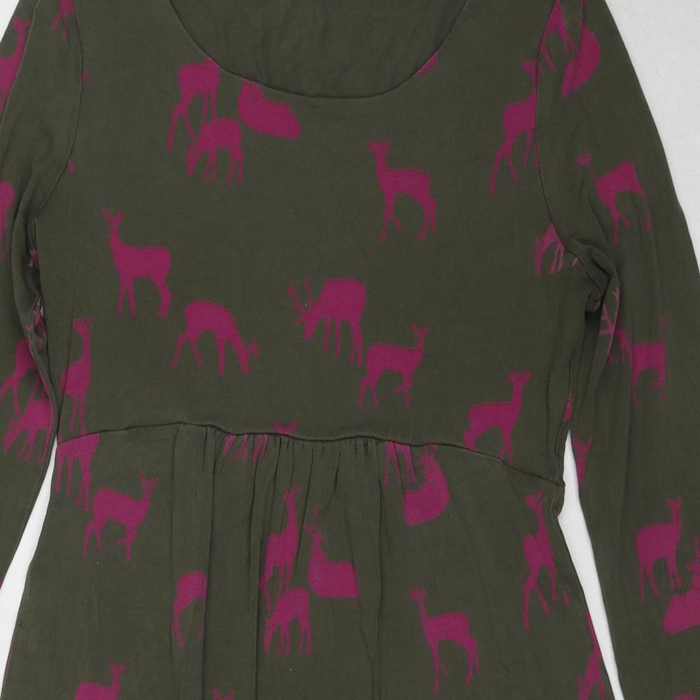 Boden Womens Green Geometric Viscose A-Line Size 10 Boat Neck Pullover - Deer Print