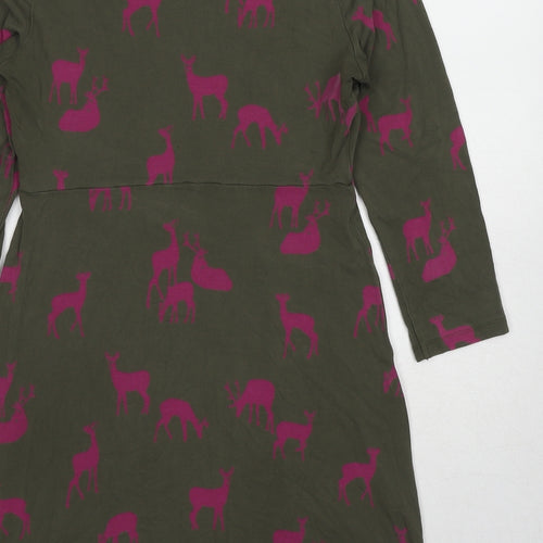 Boden Womens Green Geometric Viscose A-Line Size 10 Boat Neck Pullover - Deer Print