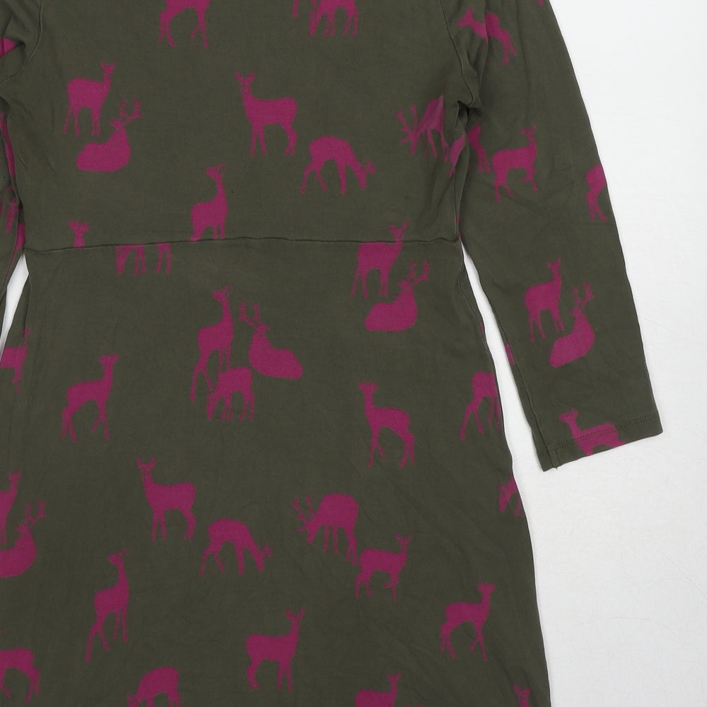 Boden Womens Green Geometric Viscose A-Line Size 10 Boat Neck Pullover - Deer Print