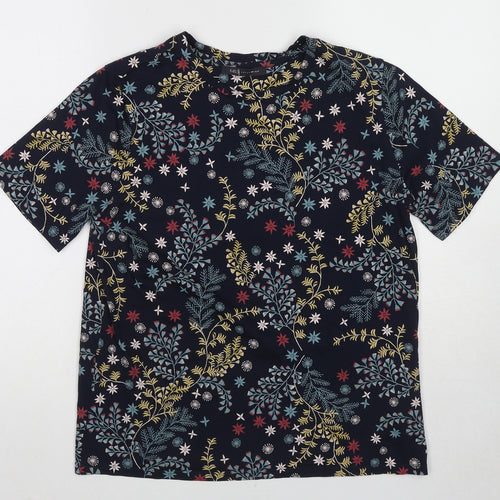 Marks and Spencer Womens Blue Geometric Cotton Basic T-Shirt Size 12 Crew Neck