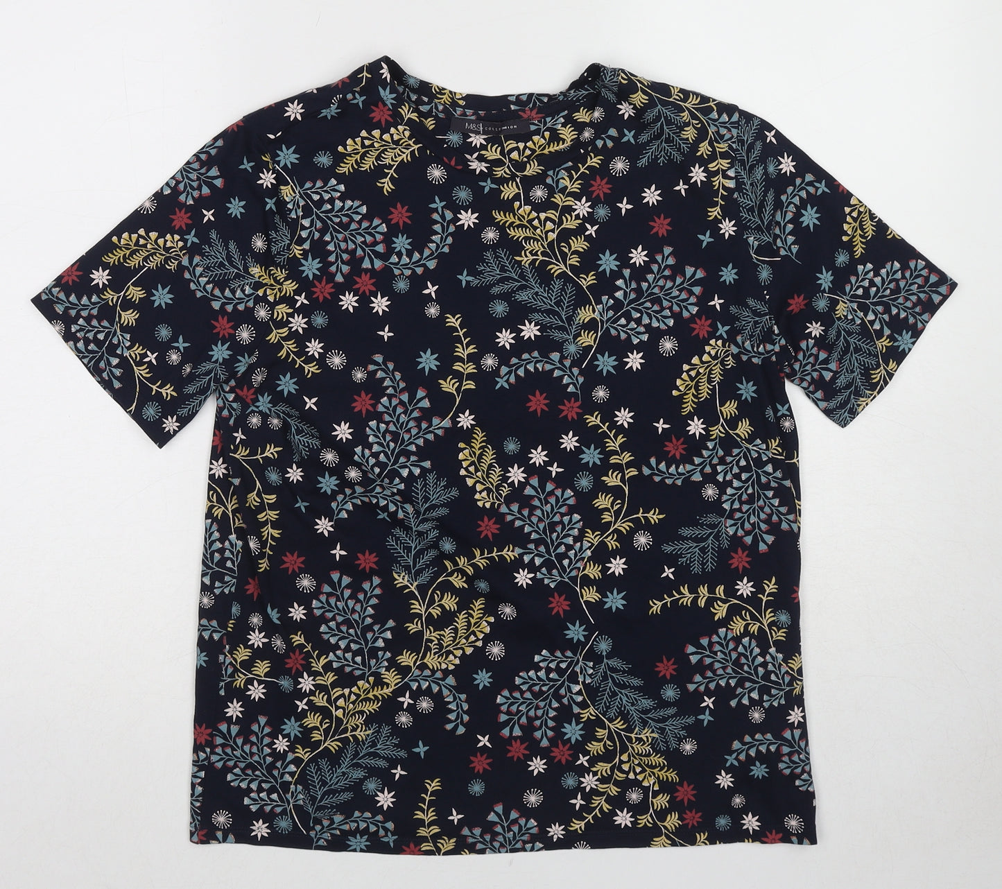 Marks and Spencer Womens Blue Geometric Cotton Basic T-Shirt Size 12 Crew Neck