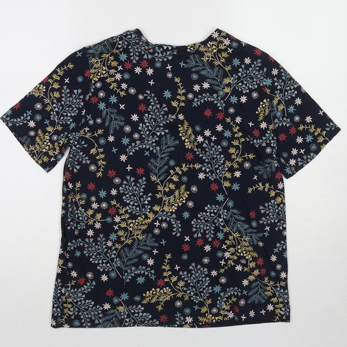 Marks and Spencer Womens Blue Geometric Cotton Basic T-Shirt Size 12 Crew Neck