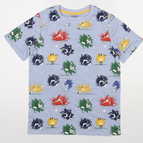 Marks and Spencer Boys Blue Cotton Basic T-Shirt Size 11-12 Years Round Neck Pullover - Football Players