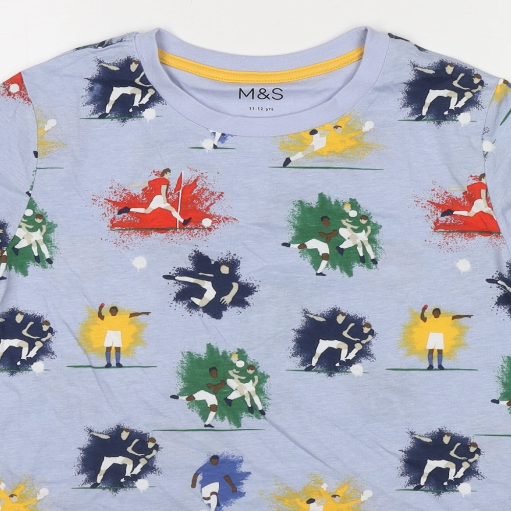 Marks and Spencer Boys Blue Cotton Basic T-Shirt Size 11-12 Years Round Neck Pullover - Football Players