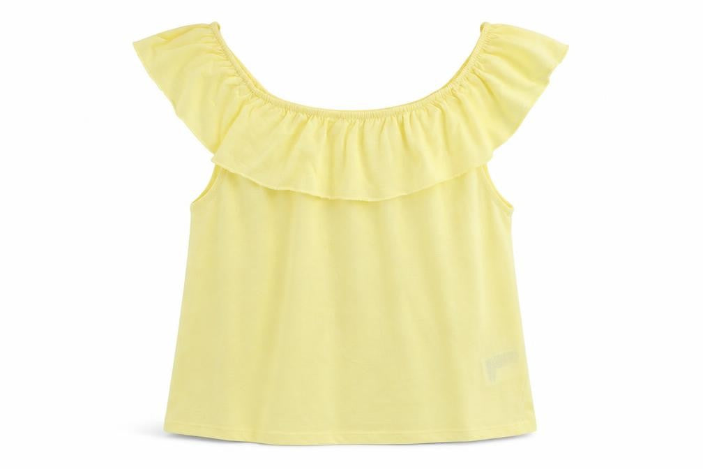 Front view of H&M girls’ yellow cotton basic tank, size 11-12, years off the shoulder pullover