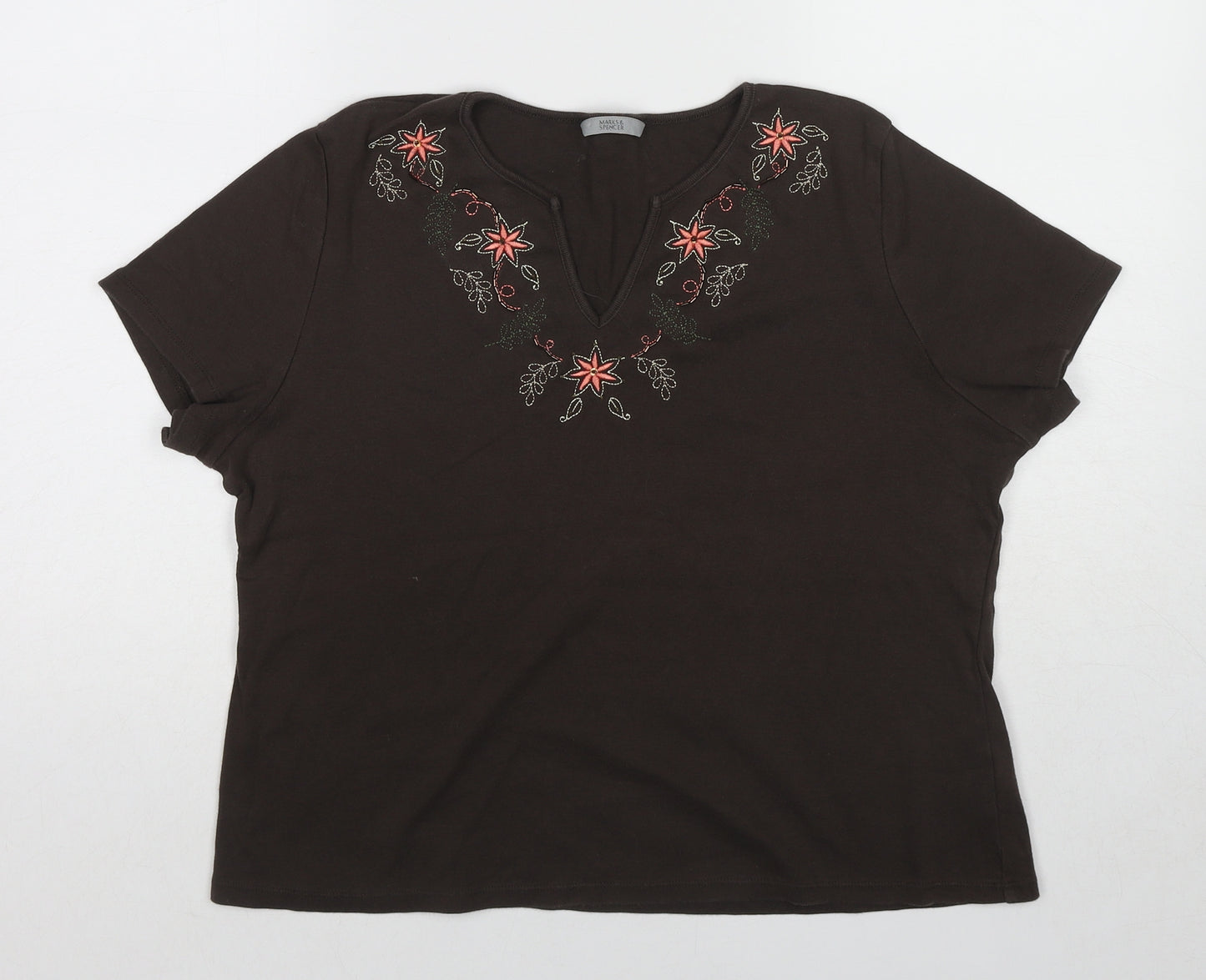 Marks and Spencer Womens Brown Cotton Basic T-Shirt Size 20 V-Neck