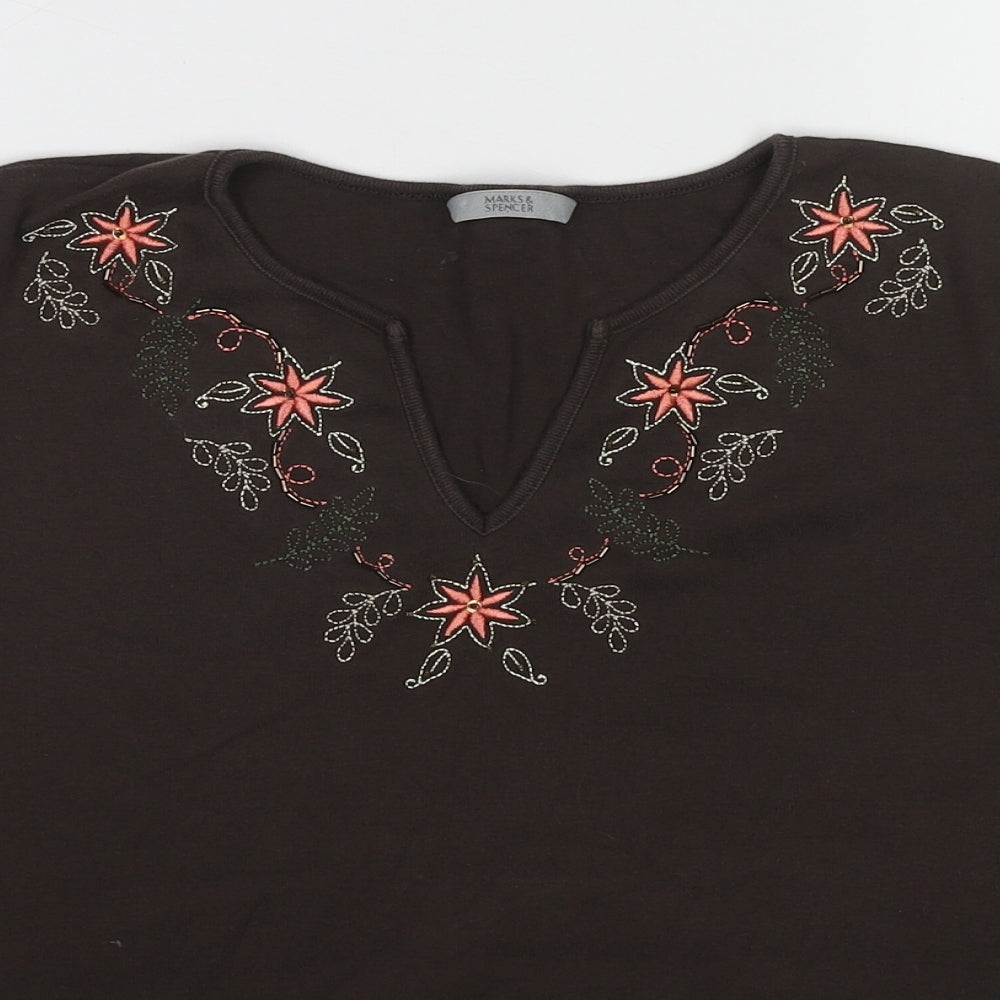 Marks and Spencer Womens Brown Cotton Basic T-Shirt Size 20 V-Neck
