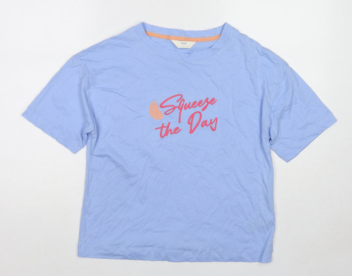 Marks and Spencer Womens Blue Cotton Basic T-Shirt Size S Round Neck - Squeeze the Day