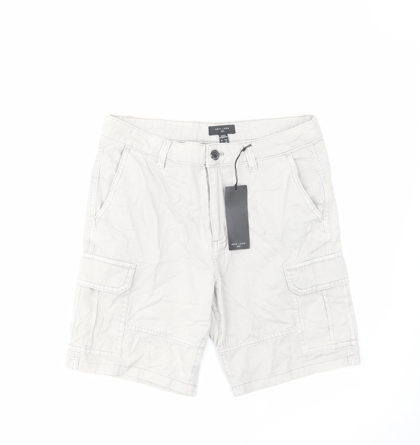 New Look Mens Grey Cotton Cargo Shorts Size 30 in L8 in Regular Zip