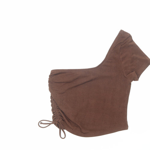 H&M Womens Brown Polyester Cropped T-Shirt Size L One Shoulder - Ruched
