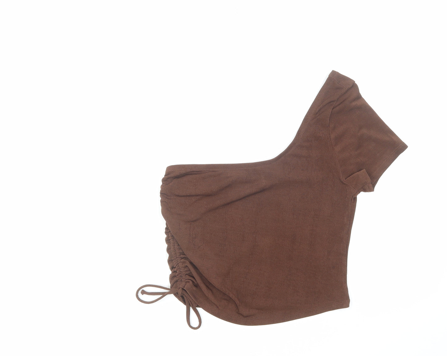 H&M Womens Brown Polyester Cropped T-Shirt Size L One Shoulder - Ruched