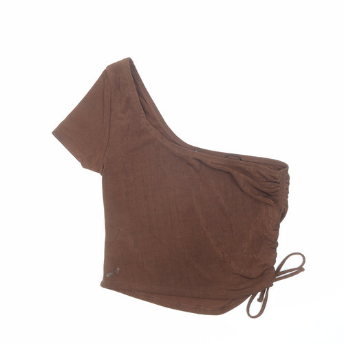 H&M Womens Brown Polyester Cropped T-Shirt Size L One Shoulder - Ruched