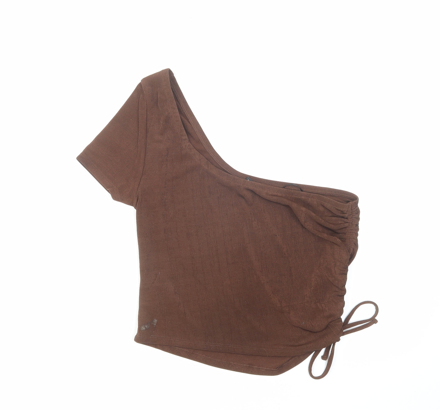 H&M Womens Brown Polyester Cropped T-Shirt Size L One Shoulder - Ruched