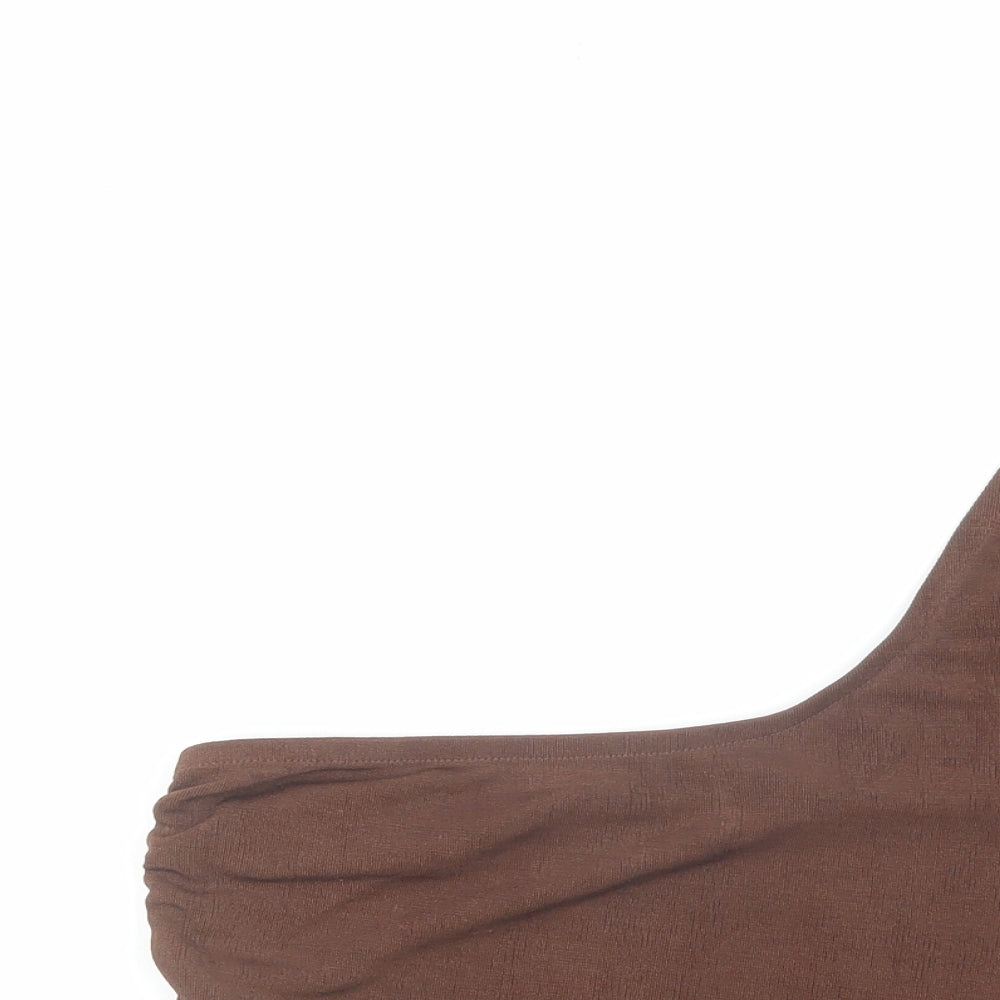 H&M Womens Brown Polyester Cropped T-Shirt Size L One Shoulder - Ruched