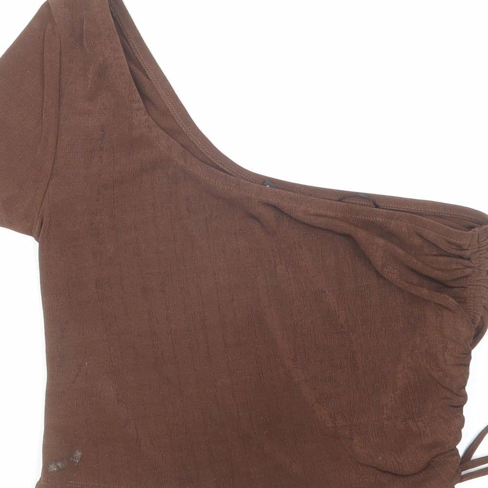 H&M Womens Brown Polyester Cropped T-Shirt Size L One Shoulder - Ruched
