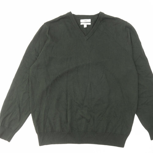 Marks and Spencer Mens Green V-Neck Cotton Pullover Jumper Size 2XL Long Sleeve