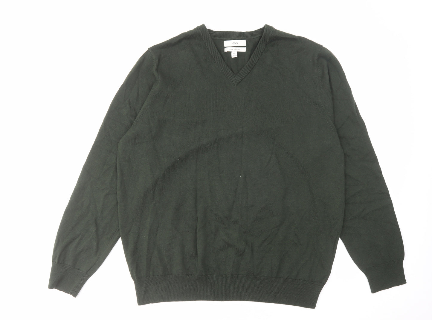 Marks and Spencer Mens Green V-Neck Cotton Pullover Jumper Size 2XL Long Sleeve