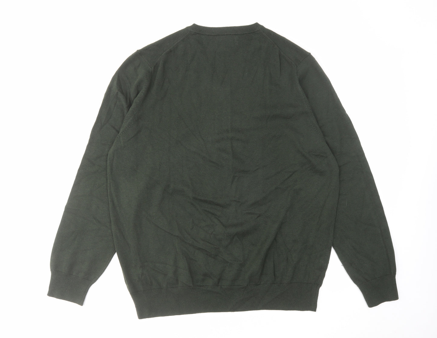Marks and Spencer Mens Green V-Neck Cotton Pullover Jumper Size 2XL Long Sleeve