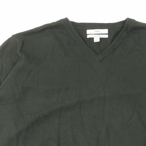 Marks and Spencer Mens Green V-Neck Cotton Pullover Jumper Size 2XL Long Sleeve