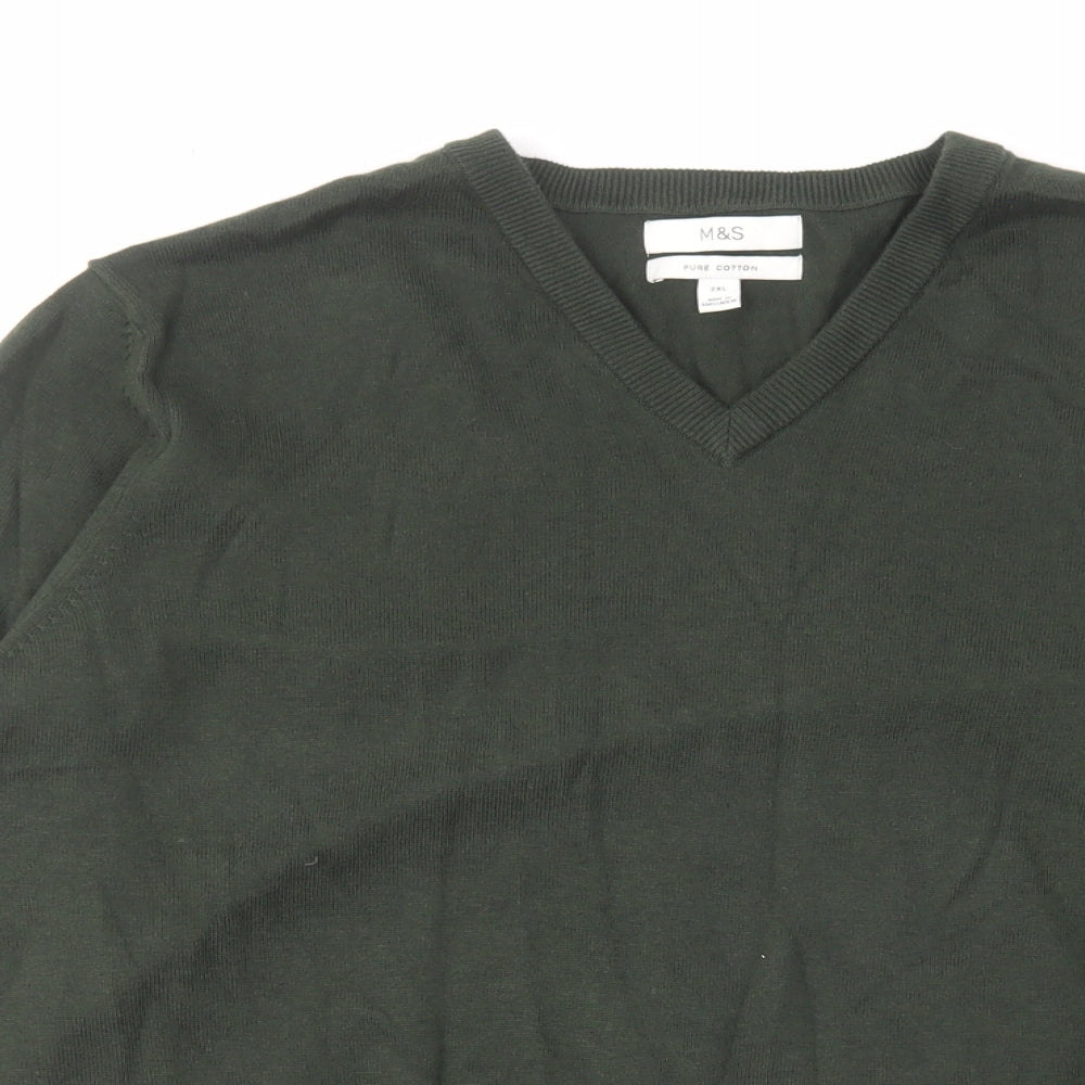 Marks and Spencer Mens Green V-Neck Cotton Pullover Jumper Size 2XL Long Sleeve