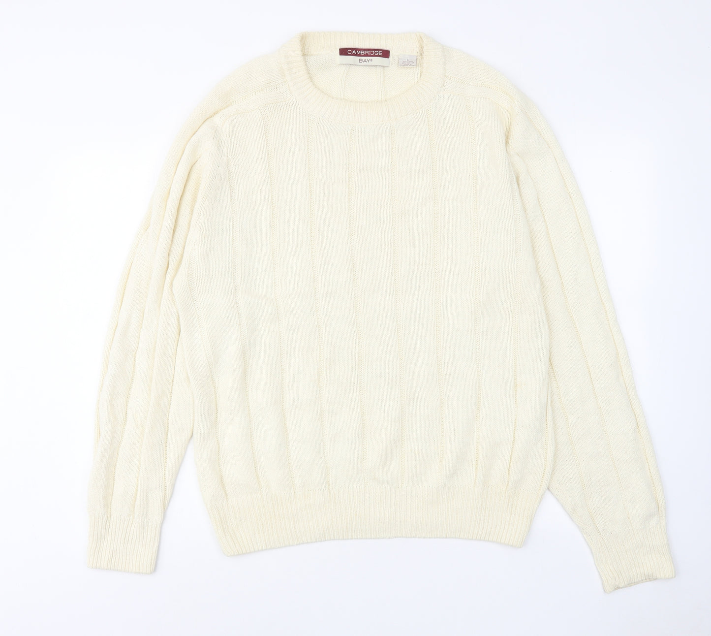 Cambridge Mens Ivory Round Neck Viscose Pullover Jumper Size L Long Sleeve