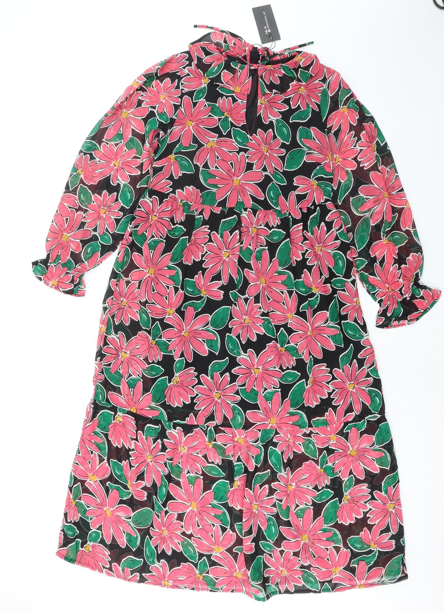 Wednesday's Girl Womens Black Floral Polyester A-Line Size XS Round Neck Tie