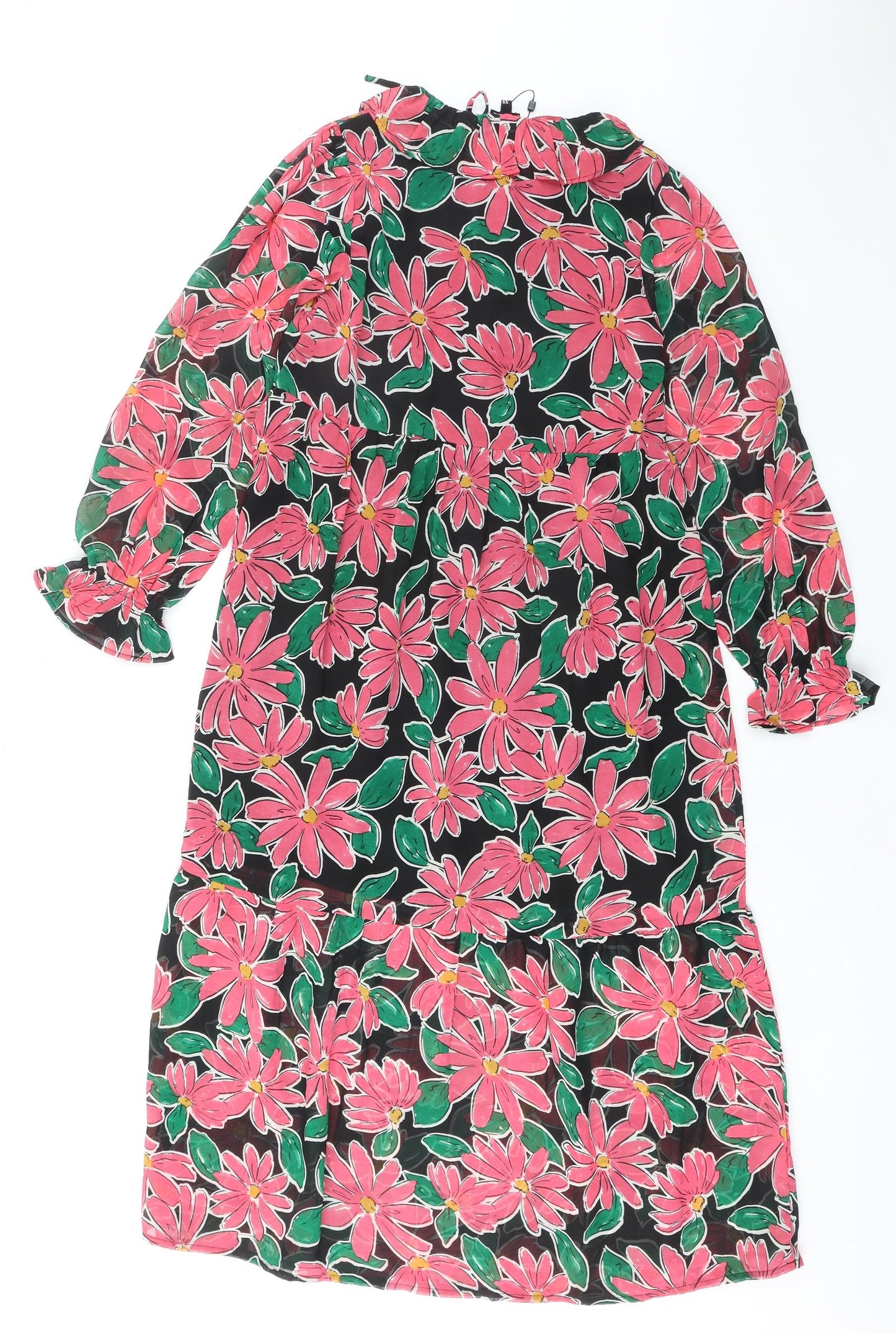 Wednesday's Girl Womens Black Floral Polyester A-Line Size XS Round Neck Tie
