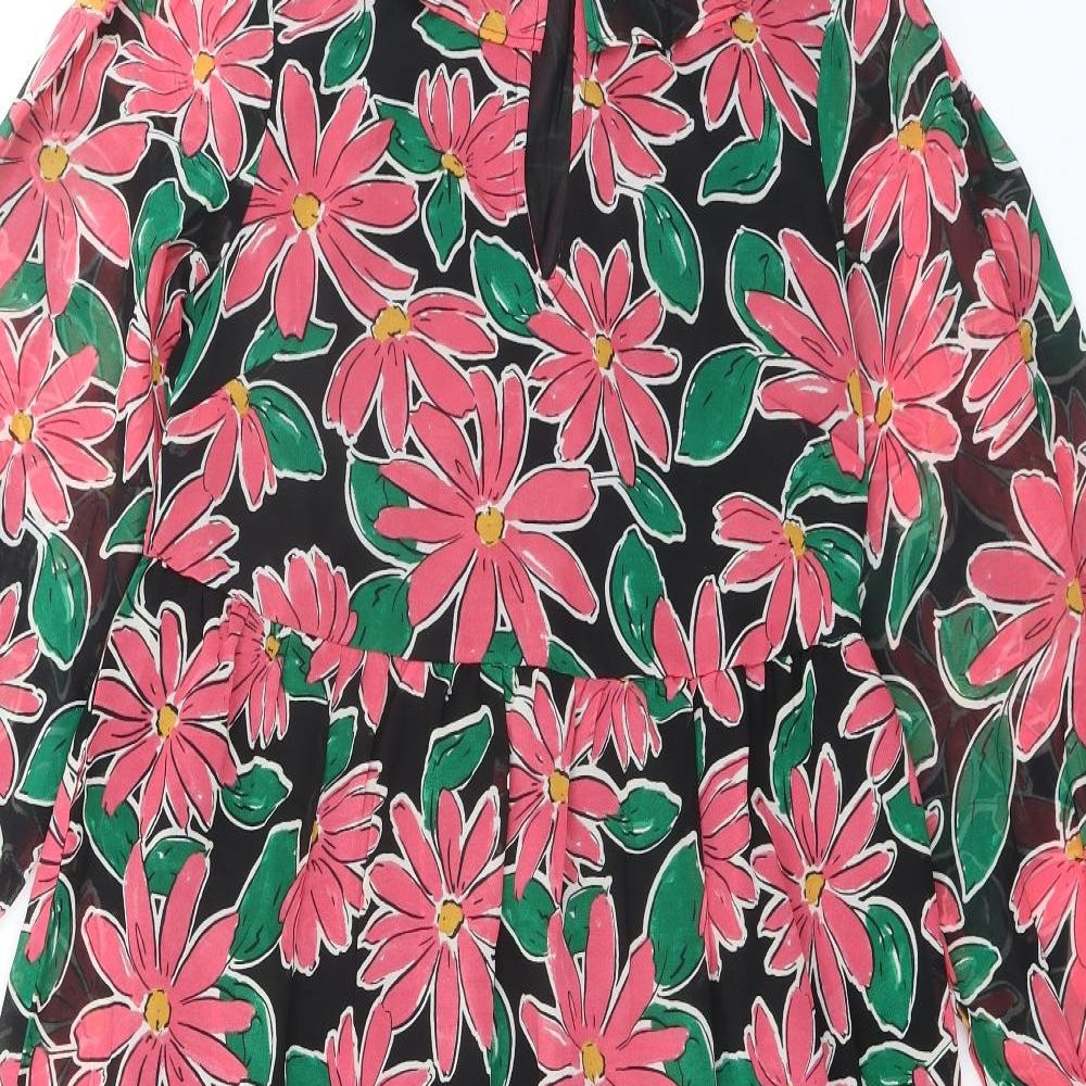 Wednesday's Girl Womens Black Floral Polyester A-Line Size XS Round Neck Tie