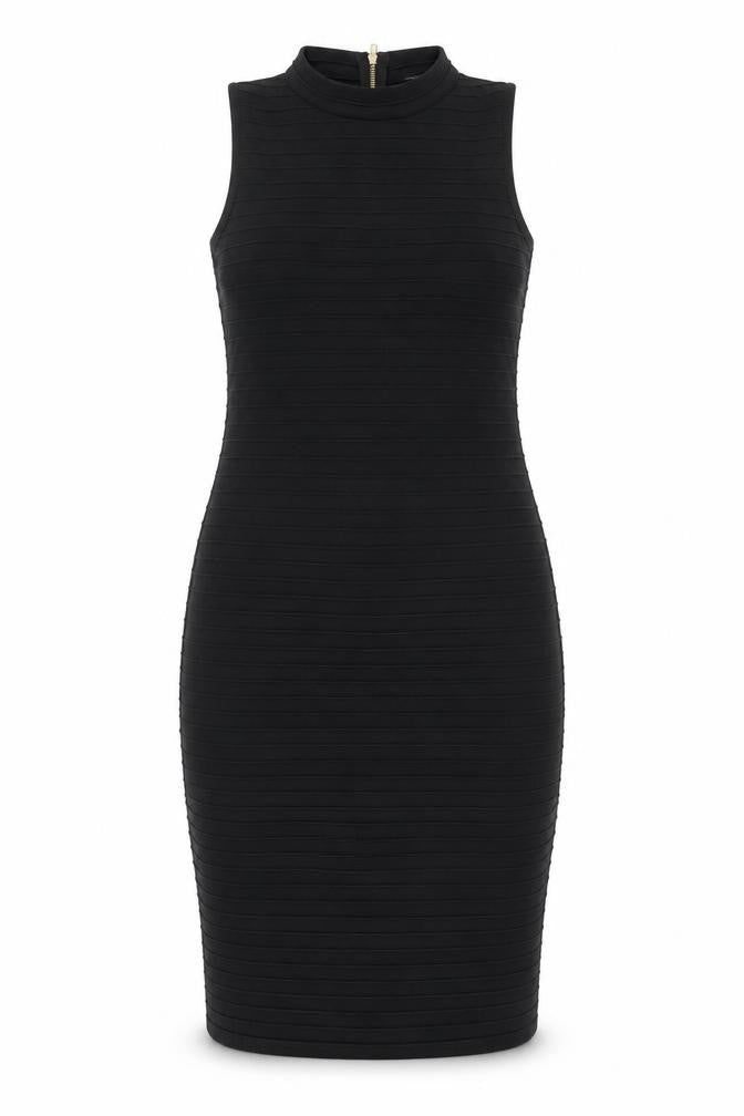 Front view of Dorothy Perkins women’s black polyester bodycon, size UK 12, mock neck zip - textured