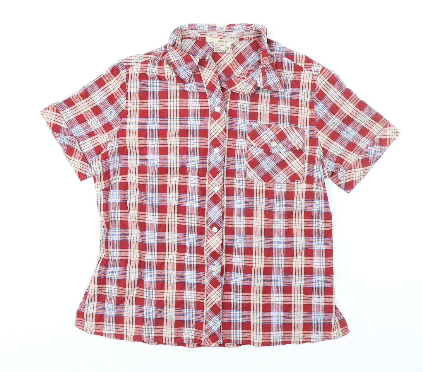 Zara Womens Red Plaid 100% Cotton Basic Button-Up Size L Collared