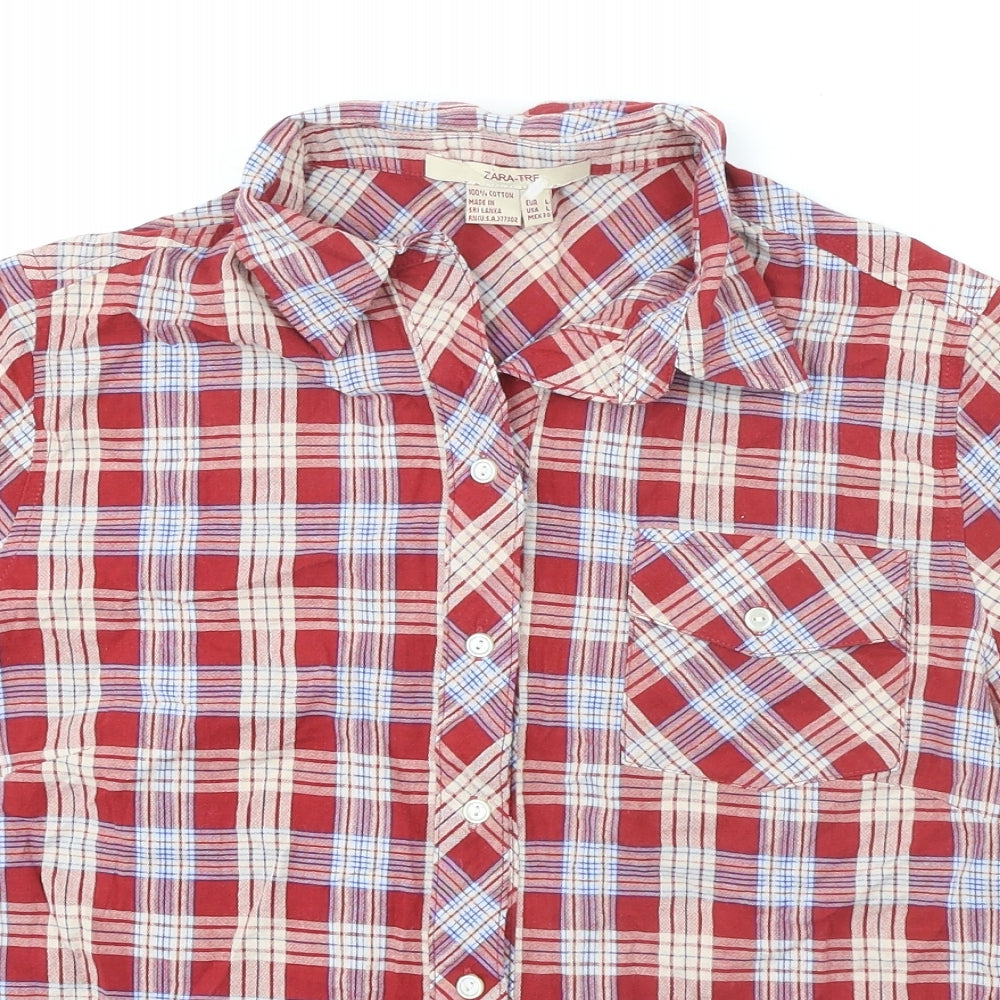 Zara Womens Red Plaid 100% Cotton Basic Button-Up Size L Collared