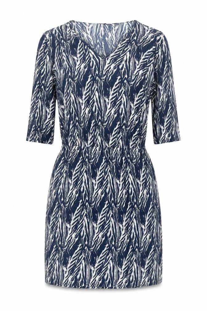 Front view of Maison de Nimes women’s blue geometric viscose shift, size UK 10, v-neck