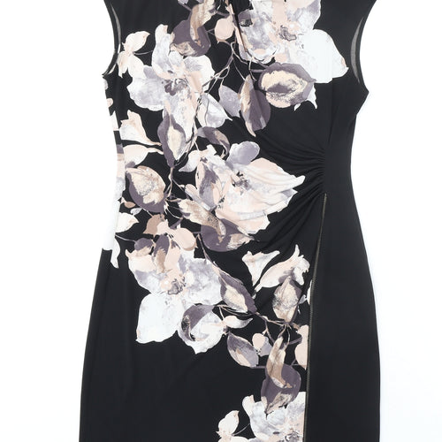 Wallis Womens Black Floral Polyester Shift Size 10 Boat Neck Zip