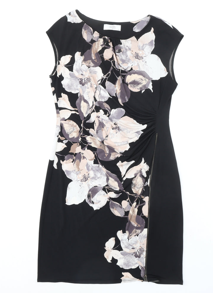 Wallis Womens Black Floral Polyester Shift Size 10 Boat Neck Zip