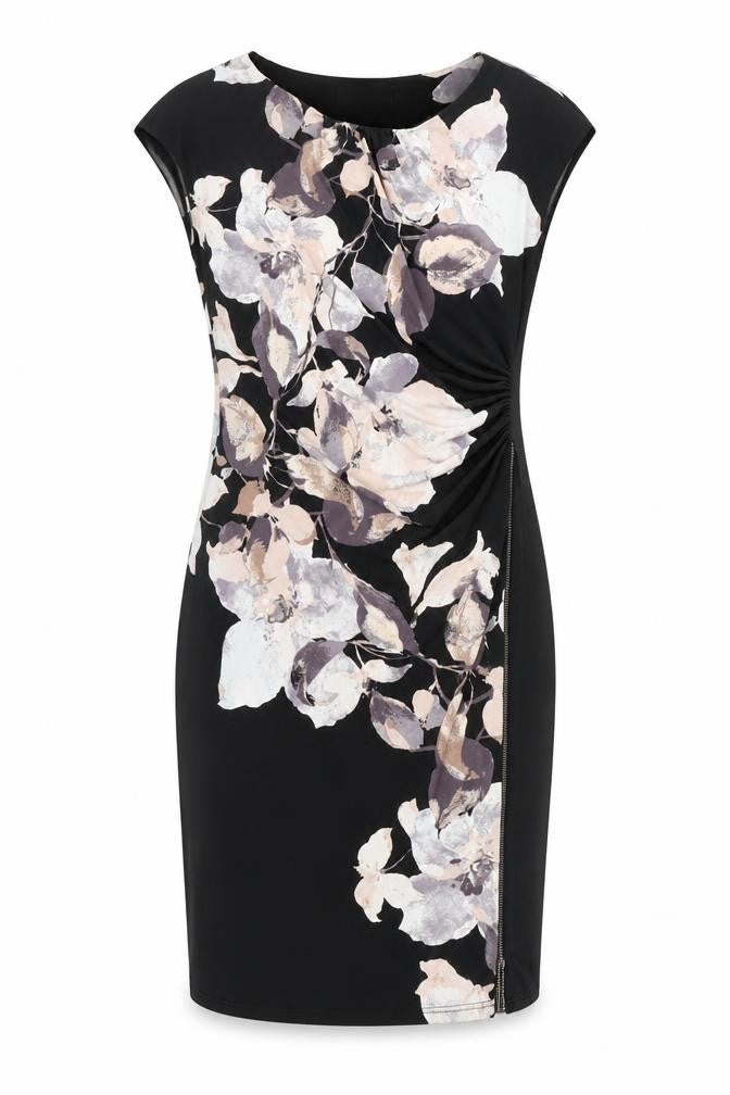 Front view of Wallis women’s black floral polyester shift, size UK 10, boat neck zip