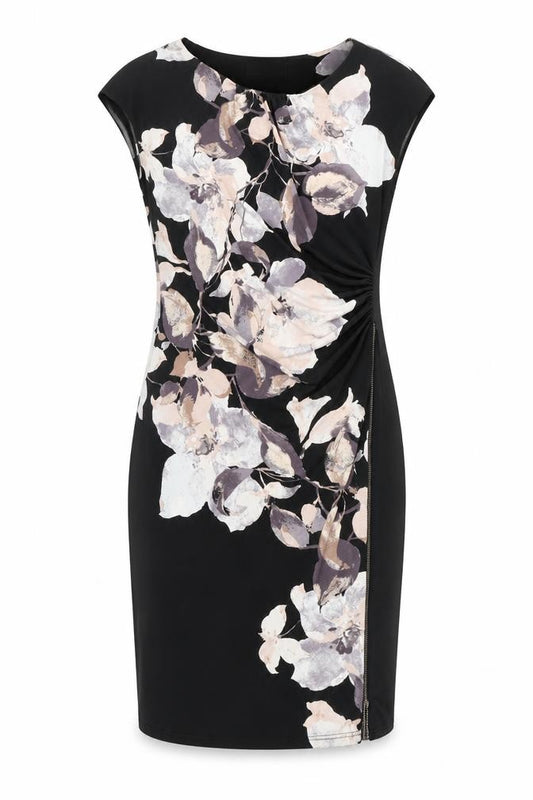 Front view of Wallis women’s black floral polyester shift, size UK 10, boat neck zip