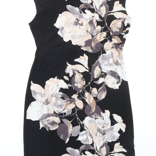 Wallis Womens Black Floral Polyester Shift Size 10 Boat Neck Zip