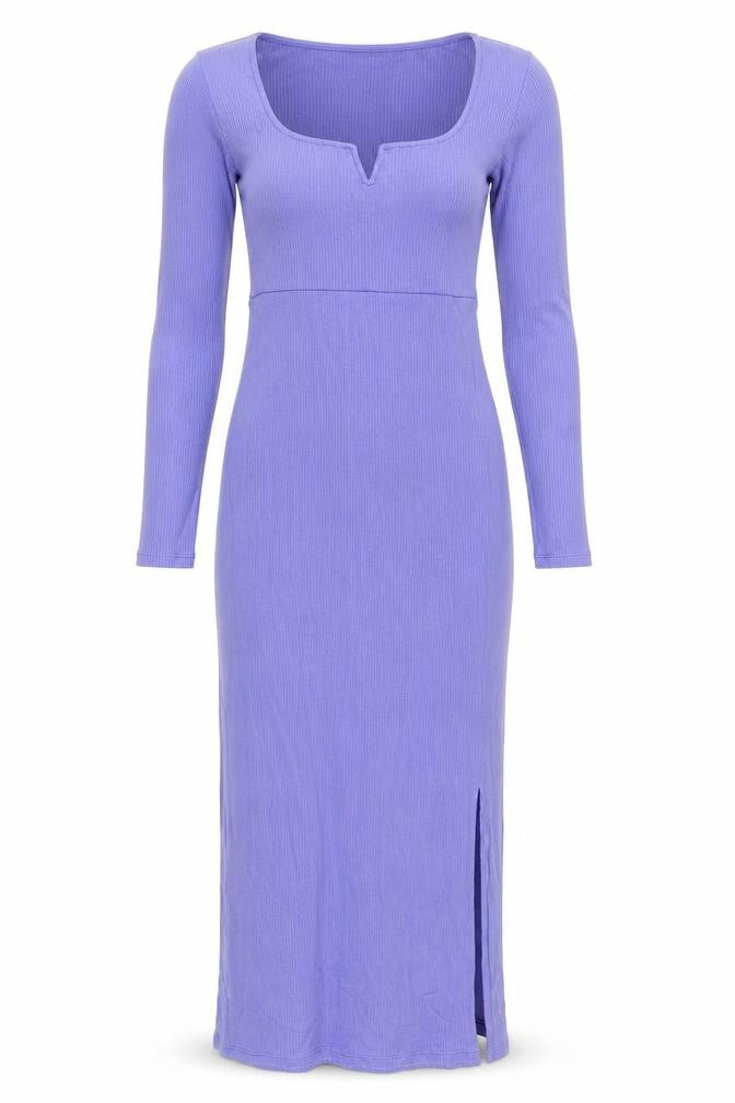 Front view of mamalicious women’s purple lyocell bodycon, size XS, scoop neck pullover