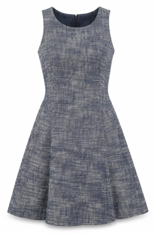 Front view of Gap women’s blue cotton fit & flare, size UK 4, boat neck zip